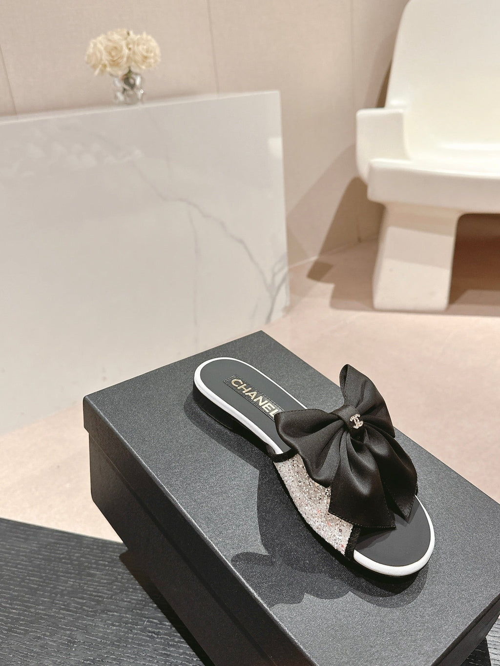 CHANEL BOW LADY SLIPPERS BLACK LAMBSKIN WITH WHITE RHINESTONES