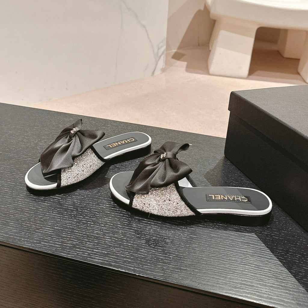CHANEL BOW LADY SLIPPERS BLACK LAMBSKIN WITH WHITE RHINESTONES