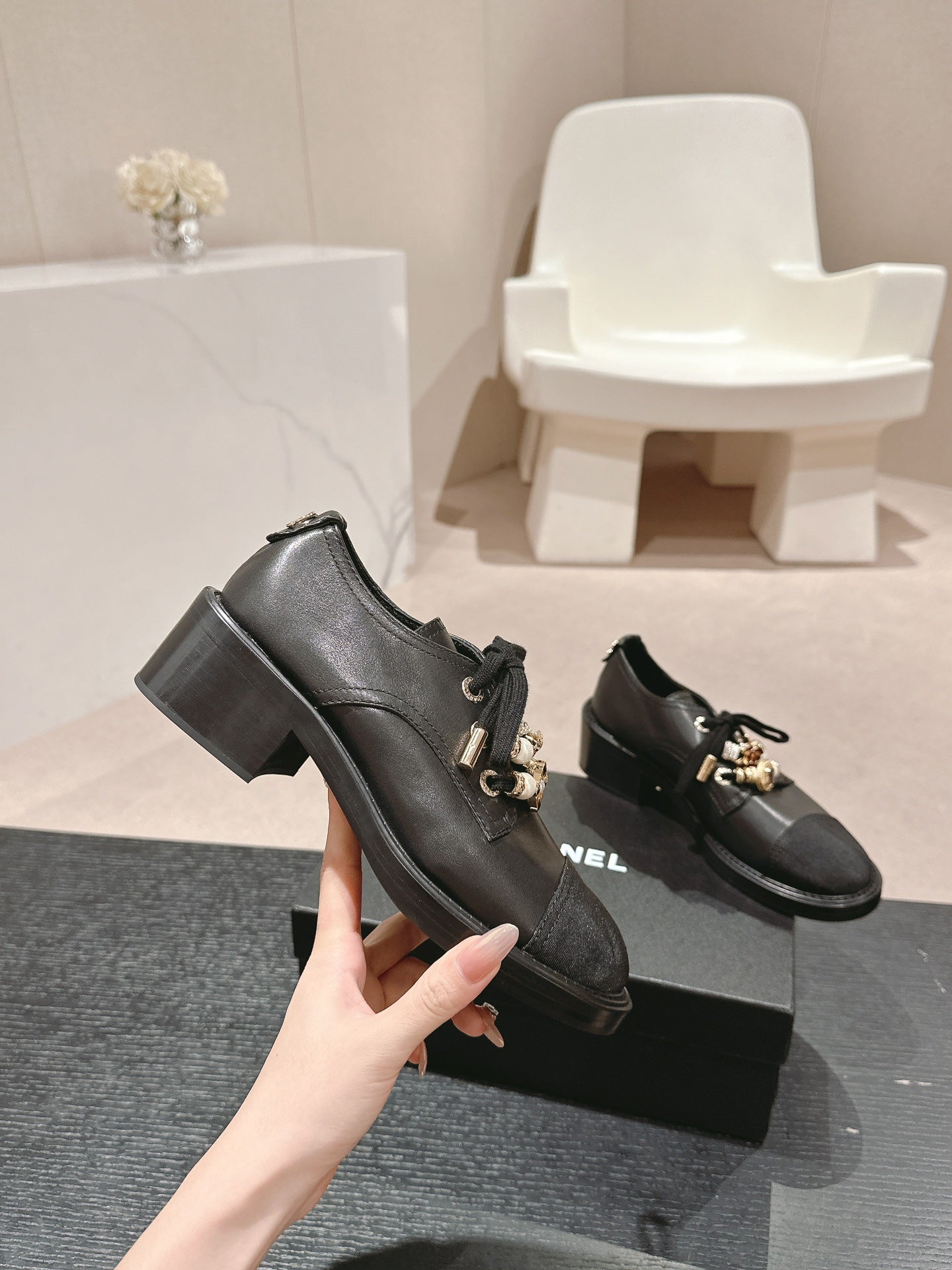 CHANEL OXFORD SHOES BLACK SHEEPSKIN