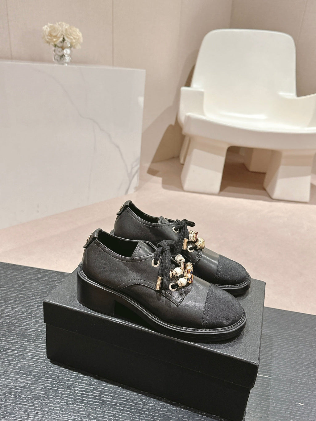 CHANEL OXFORD SHOES BLACK SHEEPSKIN