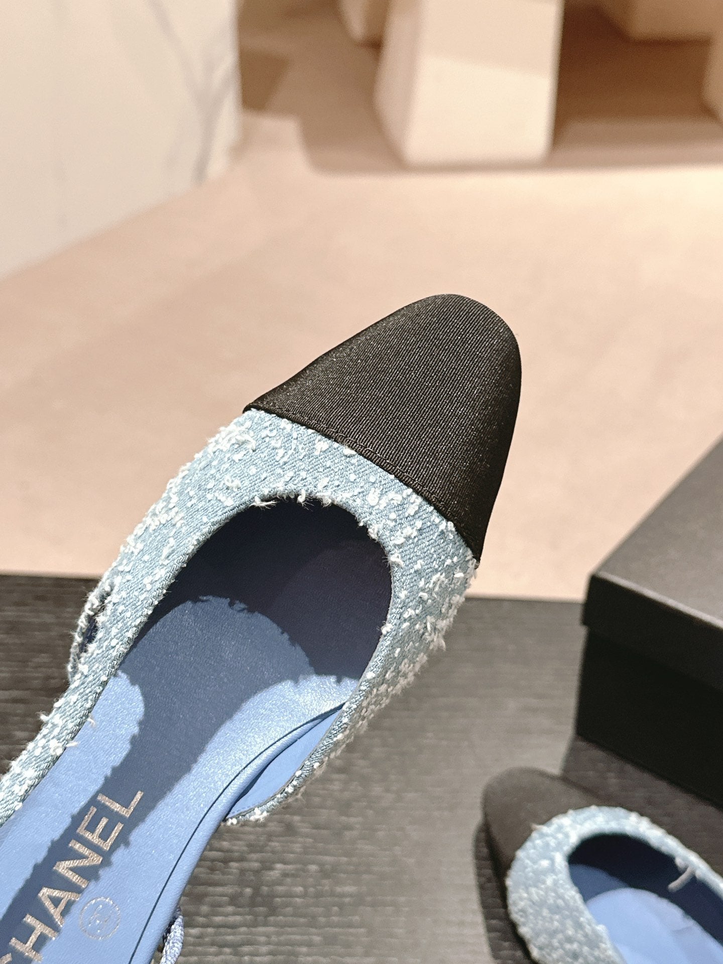 CHANEL SLINGBACKS IN LIGHT BLUE DENIM AND BLACK SATIN