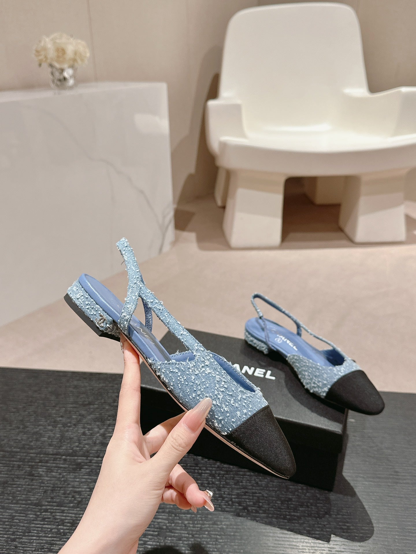 CHANEL SLINGBACKS IN LIGHT BLUE DENIM AND BLACK SATIN