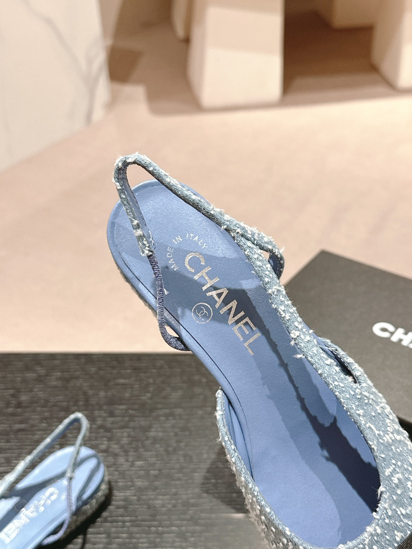 CHANEL SLINGBACKS IN LIGHT BLUE DENIM AND BLACK SATIN