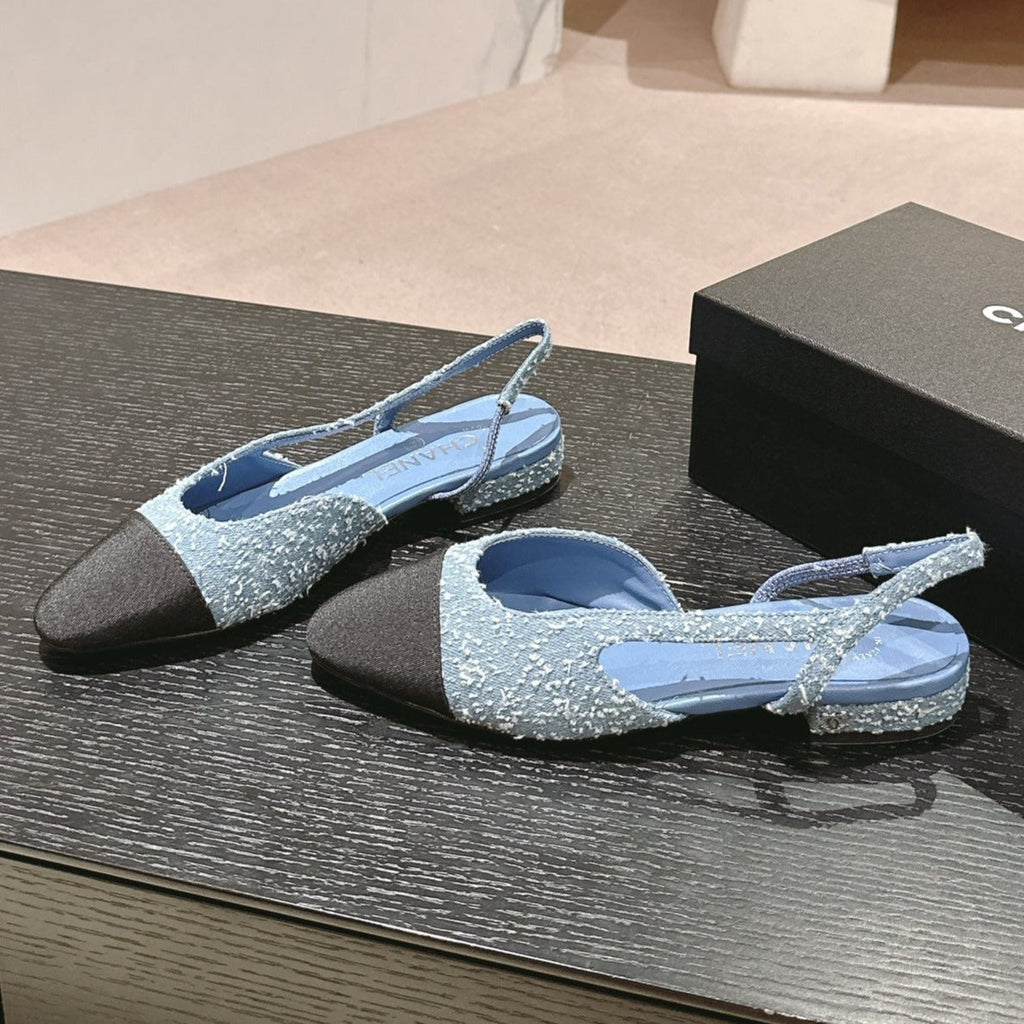 CHANEL SLINGBACKS IN LIGHT BLUE DENIM AND BLACK SATIN