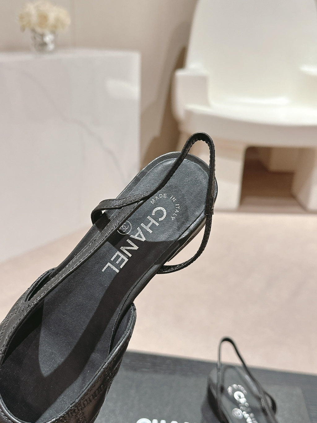 CHANEL SLINGBACKS IN BLACK LAMBSKIN AND SATIN