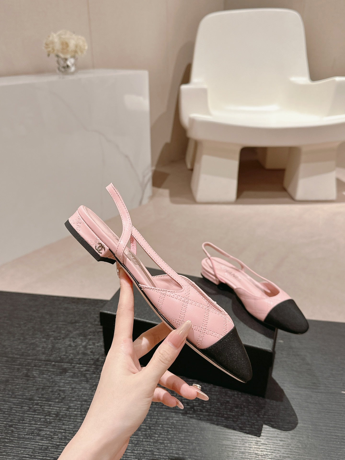 CHANEL SLINGBACKS IN LIGHT PINK LAMBSKIN AND BLACK SATIN