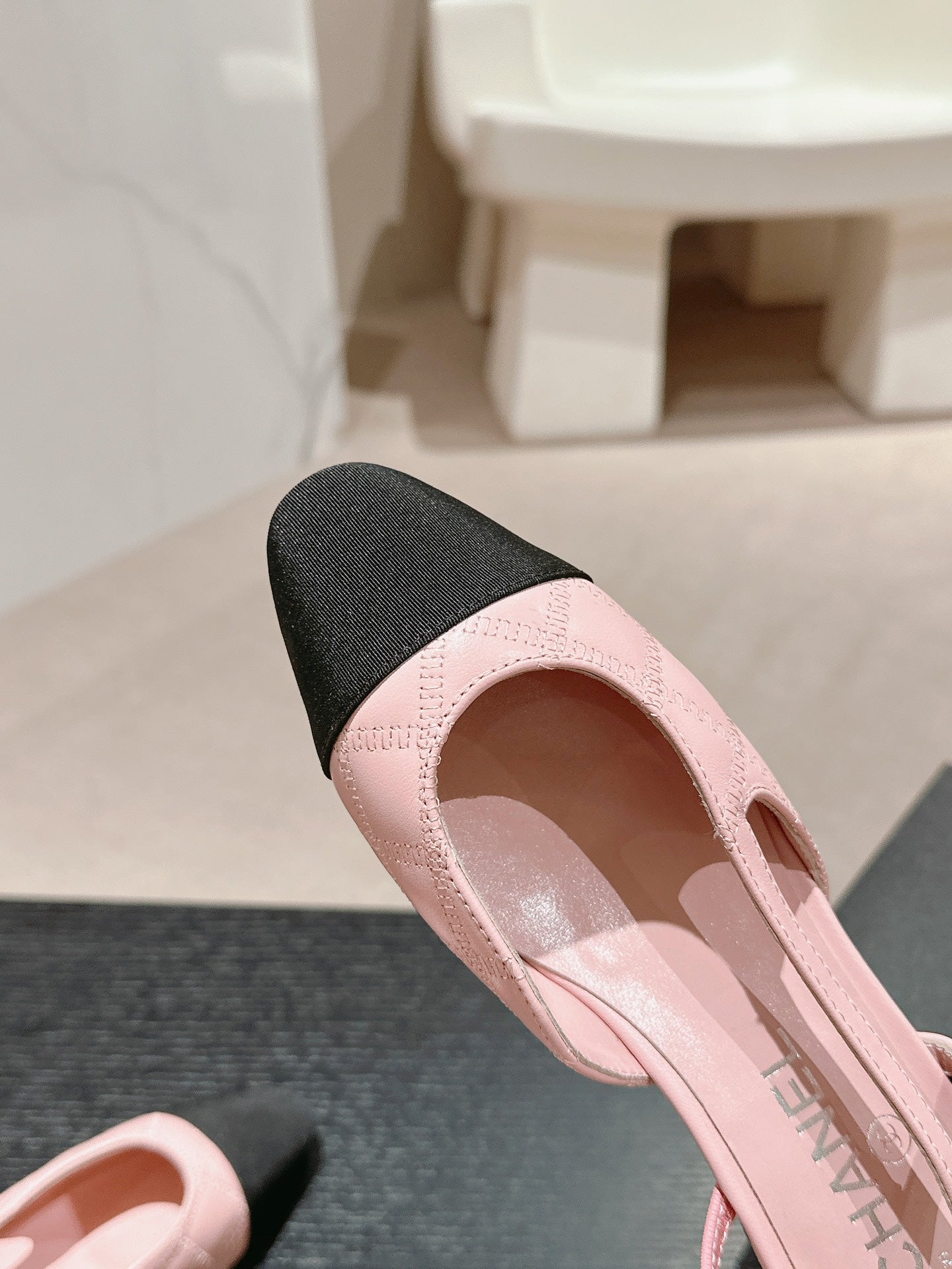 CHANEL SLINGBACKS IN LIGHT PINK LAMBSKIN AND BLACK SATIN