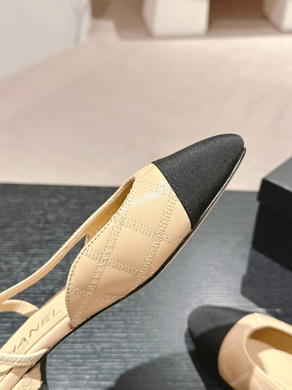 CHANEL SLINGBACKS IN BEIGE CREAM LAMBSKIN AND BLACK SATIN