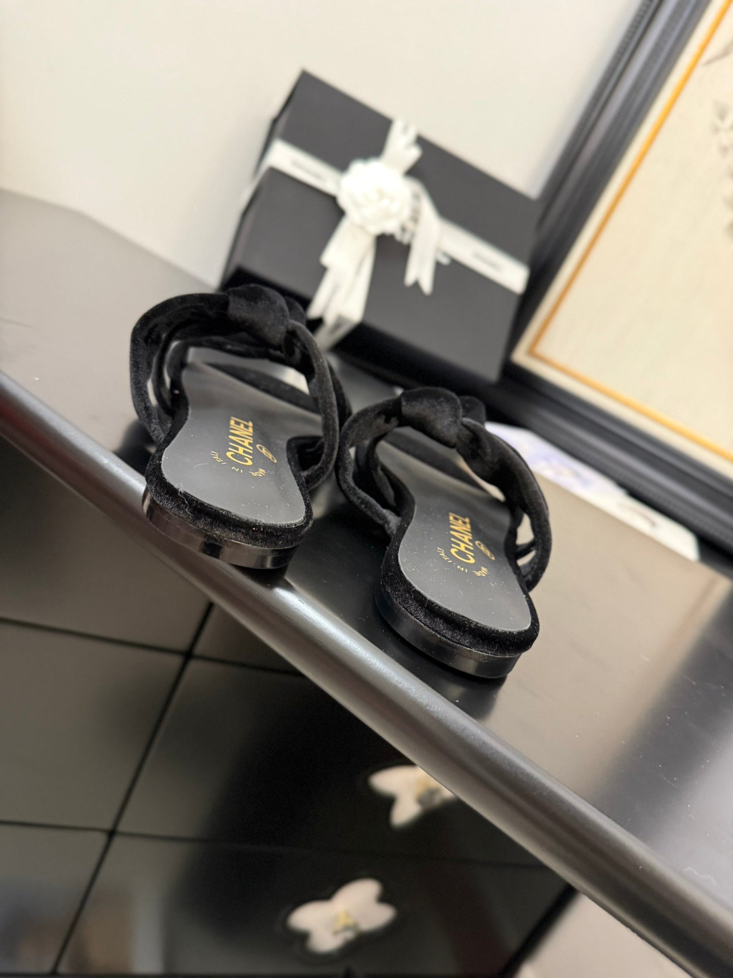 CHANEL 25C Three Strap Mule Black Velvet fabric 233559