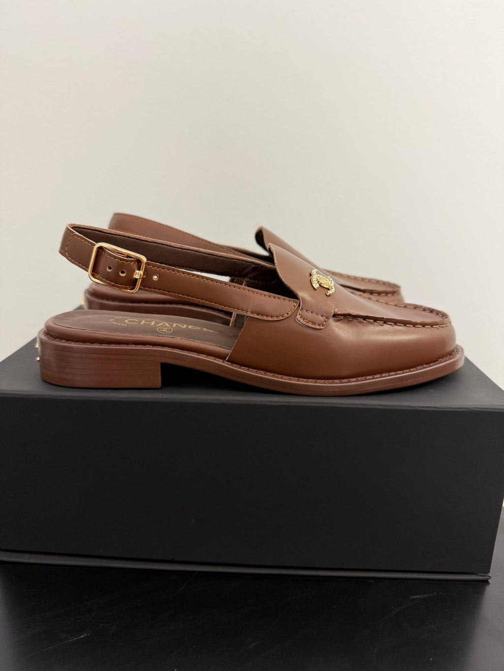 CHANEL 25C Slingback Loafer Brown Patent Leather