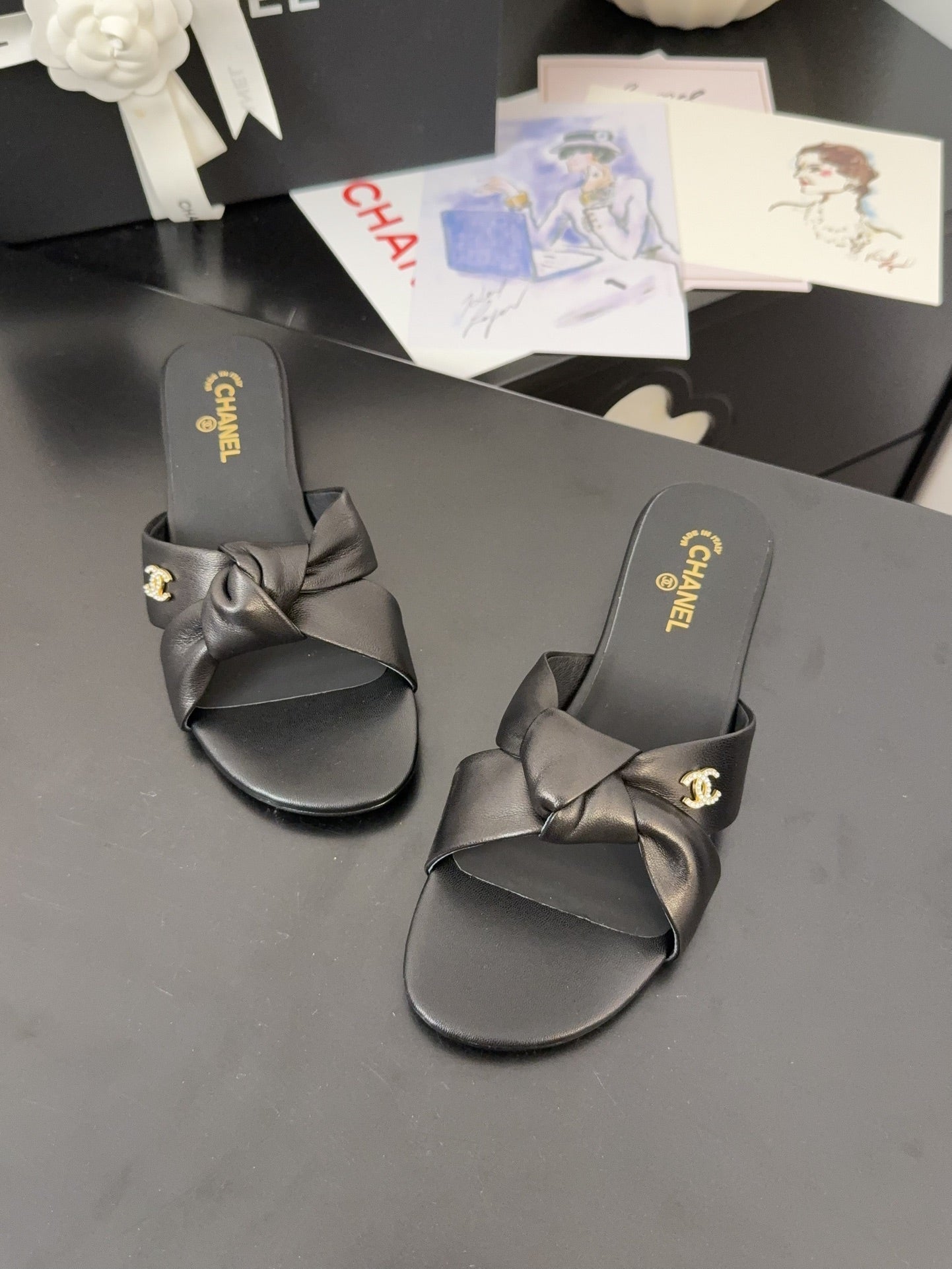 CHANEL LACE MULE 2 CM IN BLACK LAMBSKIN