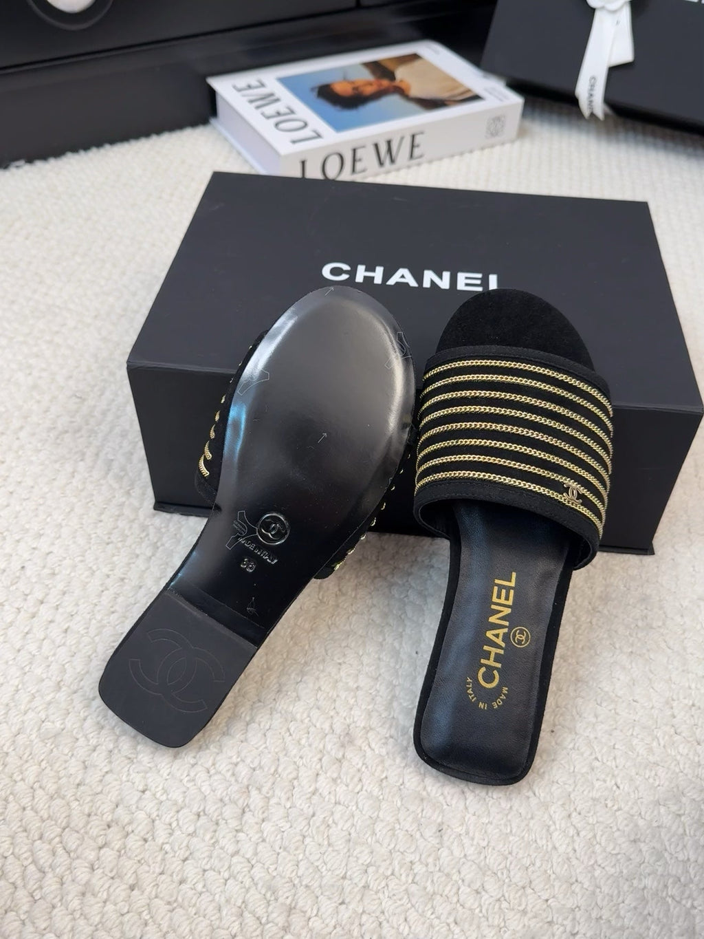 CHANEL FLAT SLIDE IN BLACK SUEDE WITH GOLD CRYSTALS