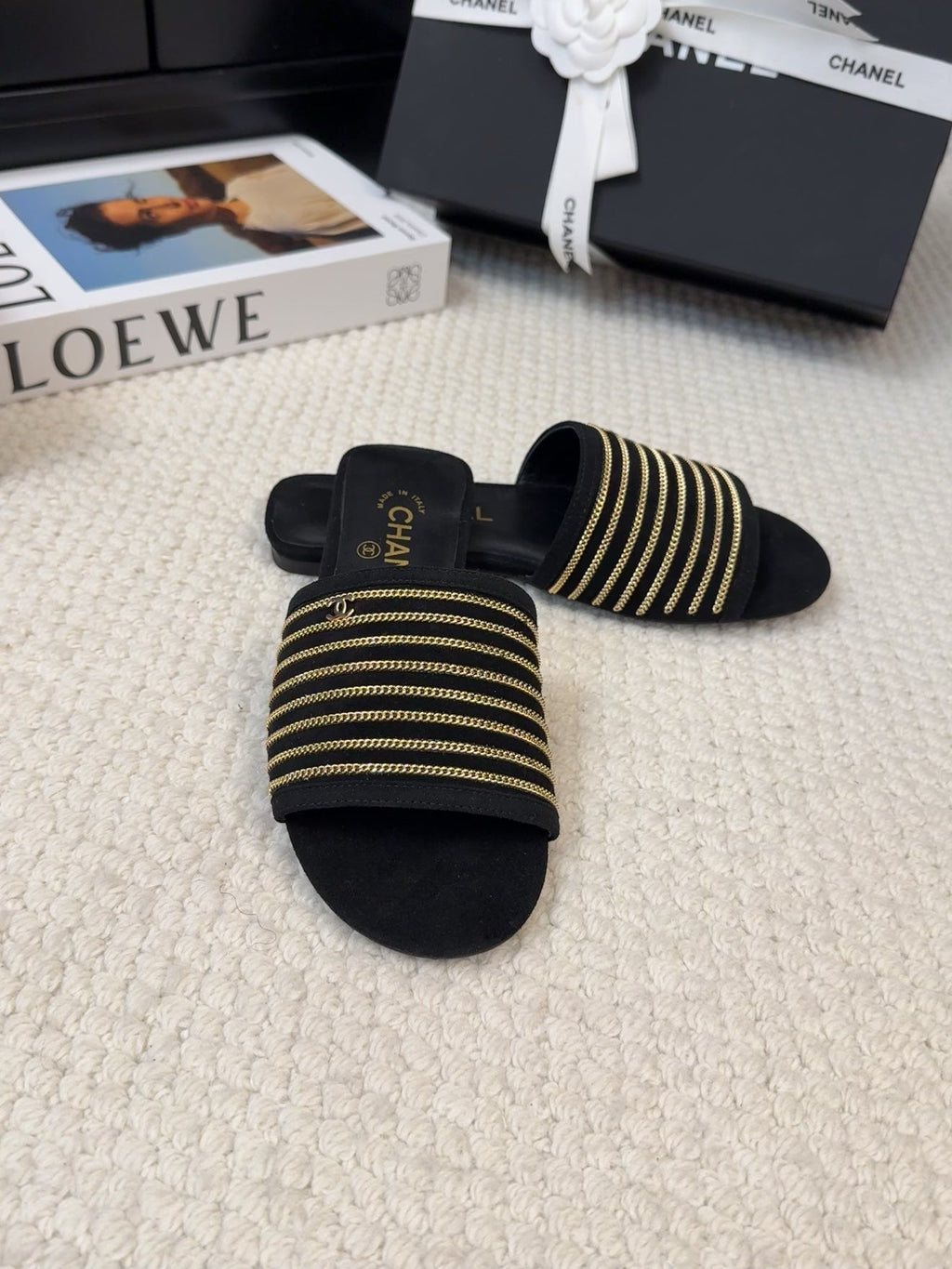 CHANEL FLAT SLIDE IN BLACK SUEDE WITH GOLD CRYSTALS