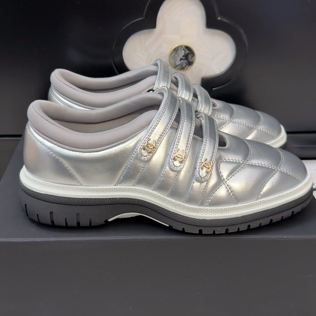 CHANEL SNEAKERS WITH THREE STRAPS IN SILVER CALFSKIN