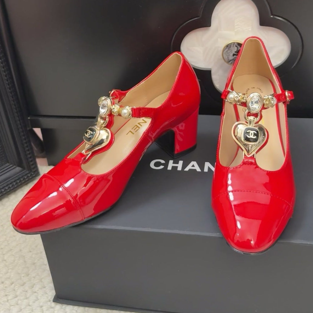 CHANEL MARY JANE SHOES IN RUBY RED PATENT CALFSKIN 55 MM