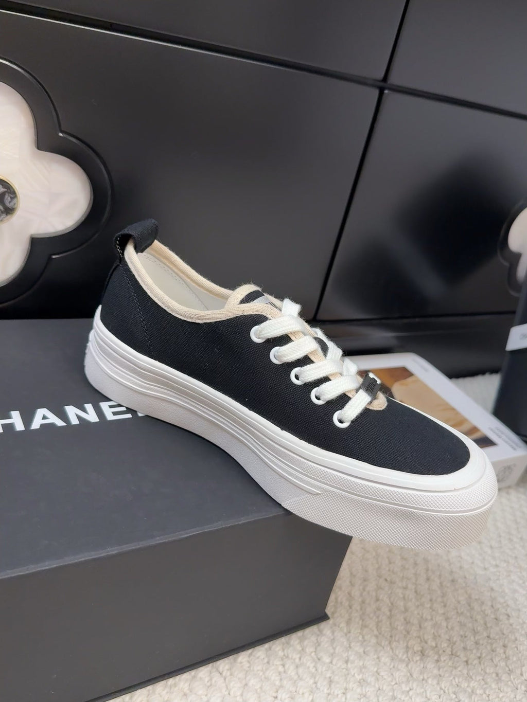 CHANEL TRAINERS SHOES IN BLACK FABRIC