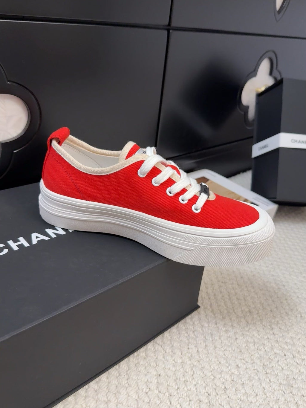 CHANEL TRAINERS SHOES IN ORANGE RED FABRIC