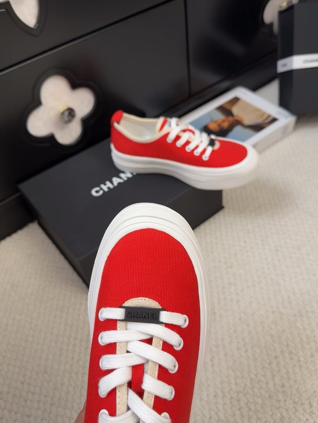CHANEL TRAINERS SHOES IN ORANGE RED FABRIC