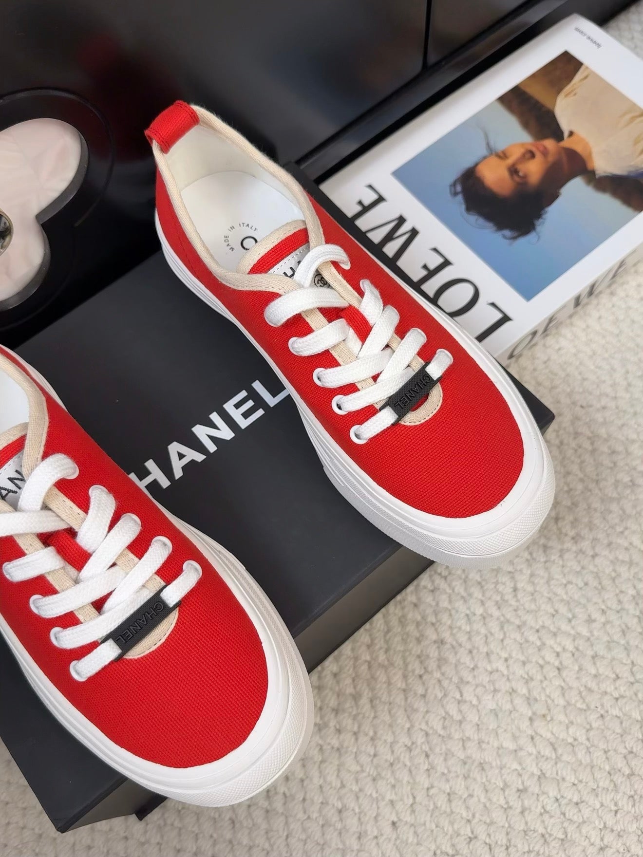 CHANEL TRAINERS SHOES IN ORANGE RED FABRIC
