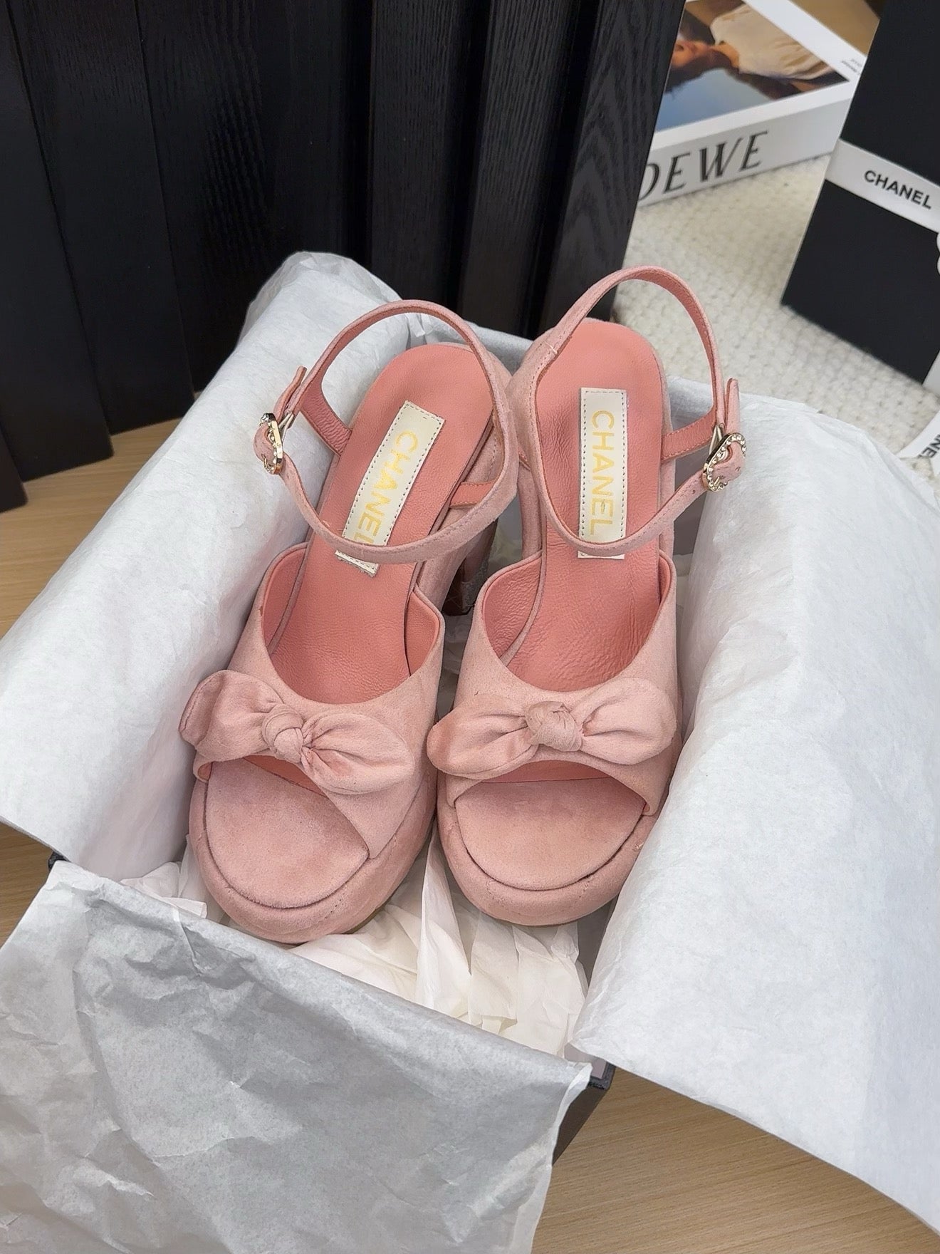 CHANEL HIGH 12 CM PLATFORM SANDALS IN BLUSH PINK SUEDE