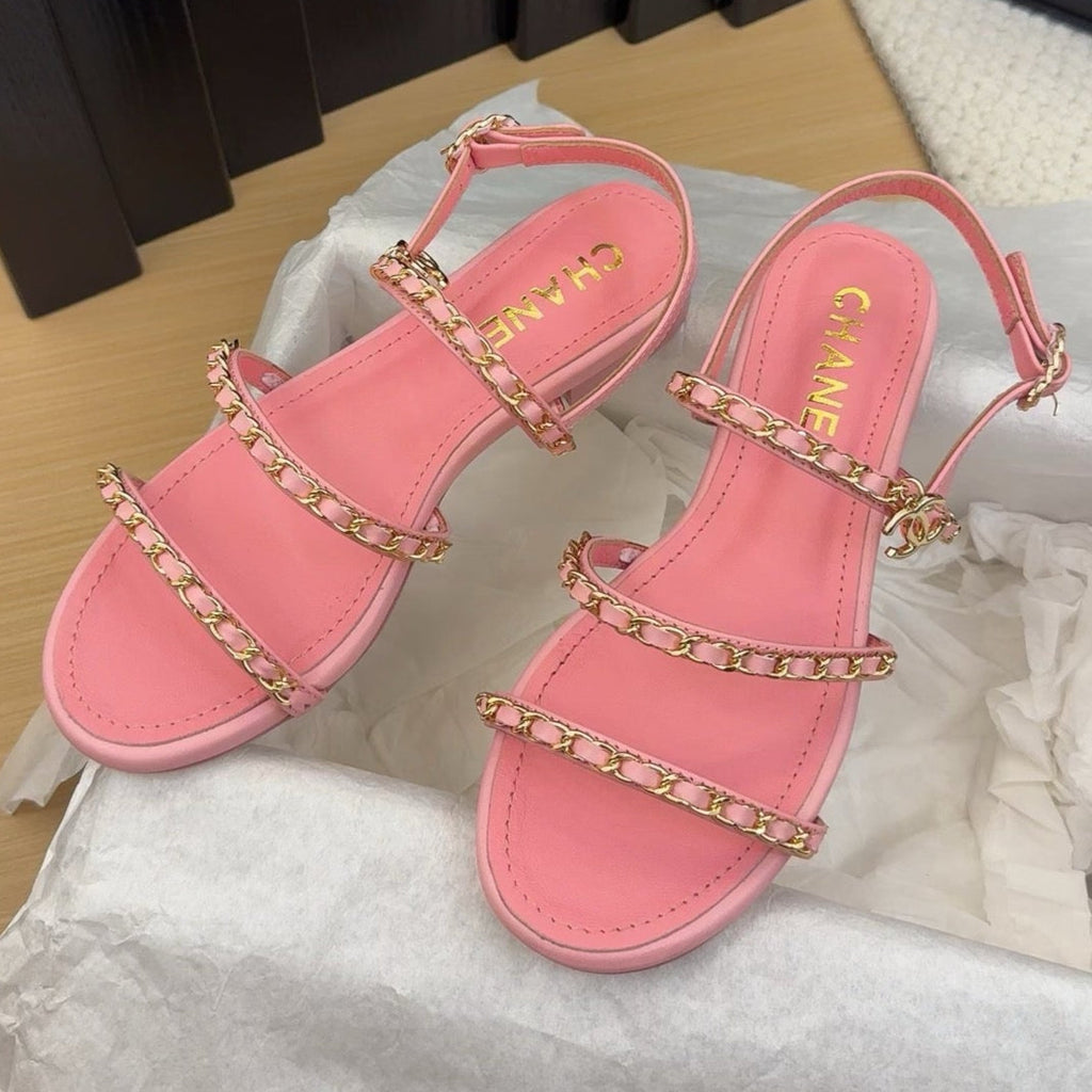 CHANEL THREE-STRAPS SANDALS IN FLAMINGO PINK CALFSKIN WITH GOLD HARDWARE