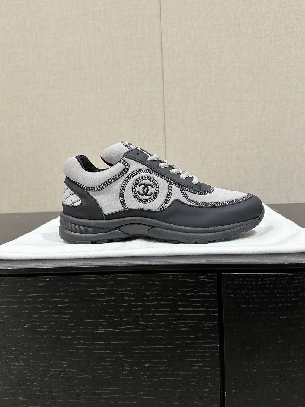 CHANEL CLASSIC TRAINER IN GREY MIX BLACK FABRIC