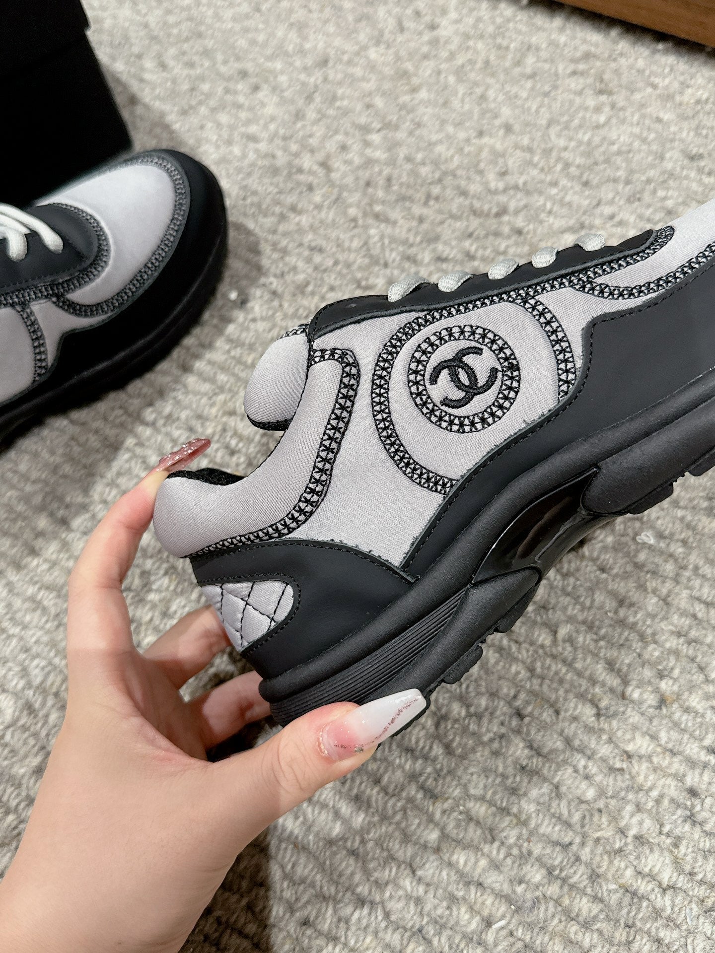 CHANEL CLASSIC TRAINER IN GREY MIX BLACK FABRIC