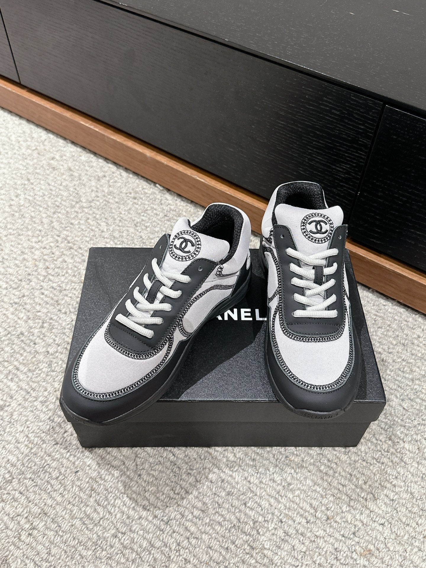CHANEL CLASSIC TRAINER IN GREY MIX BLACK FABRIC