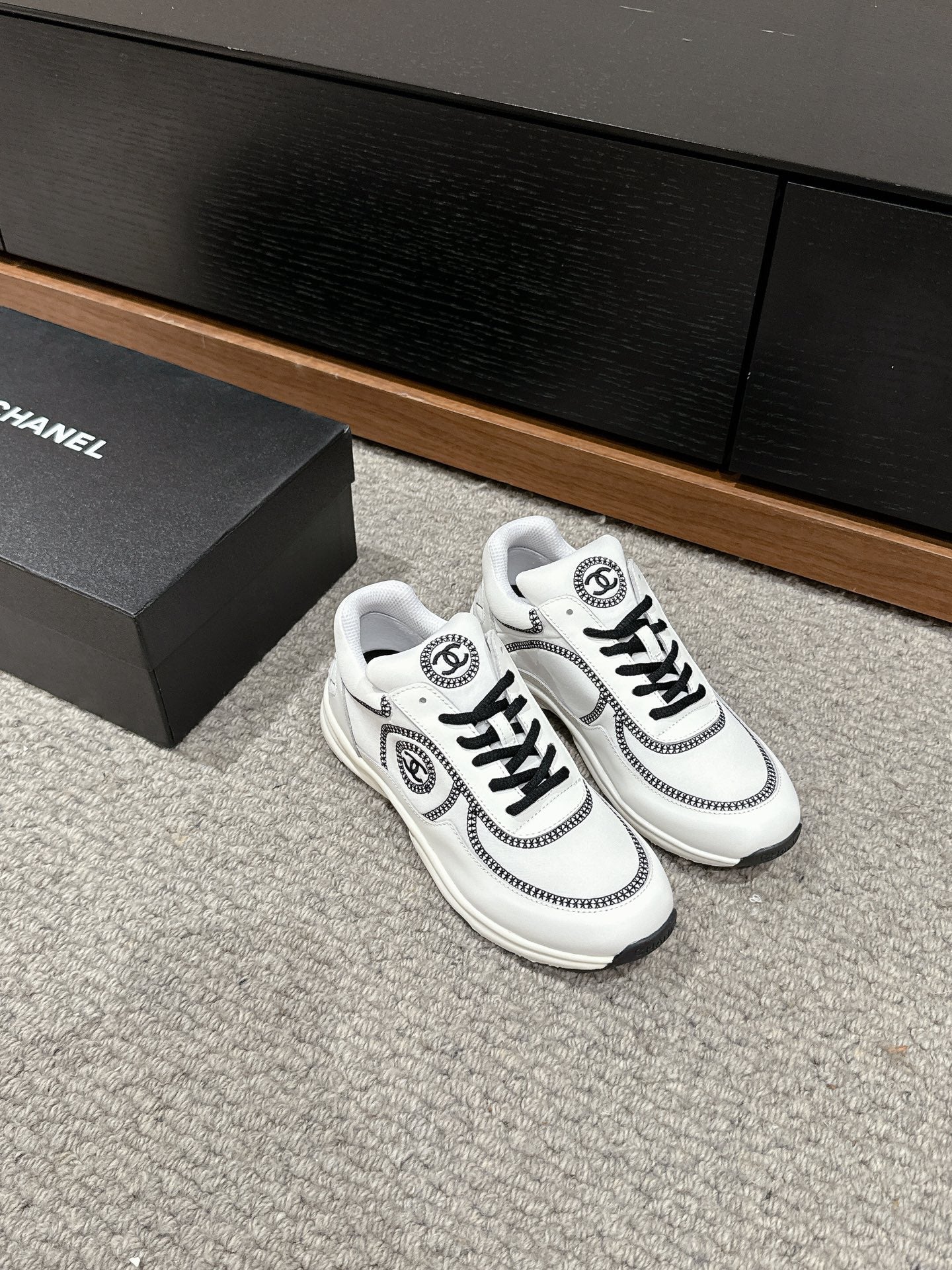 CHANEL CLASSIC TRAINER IN WHITE MIX BLACK FABRIC