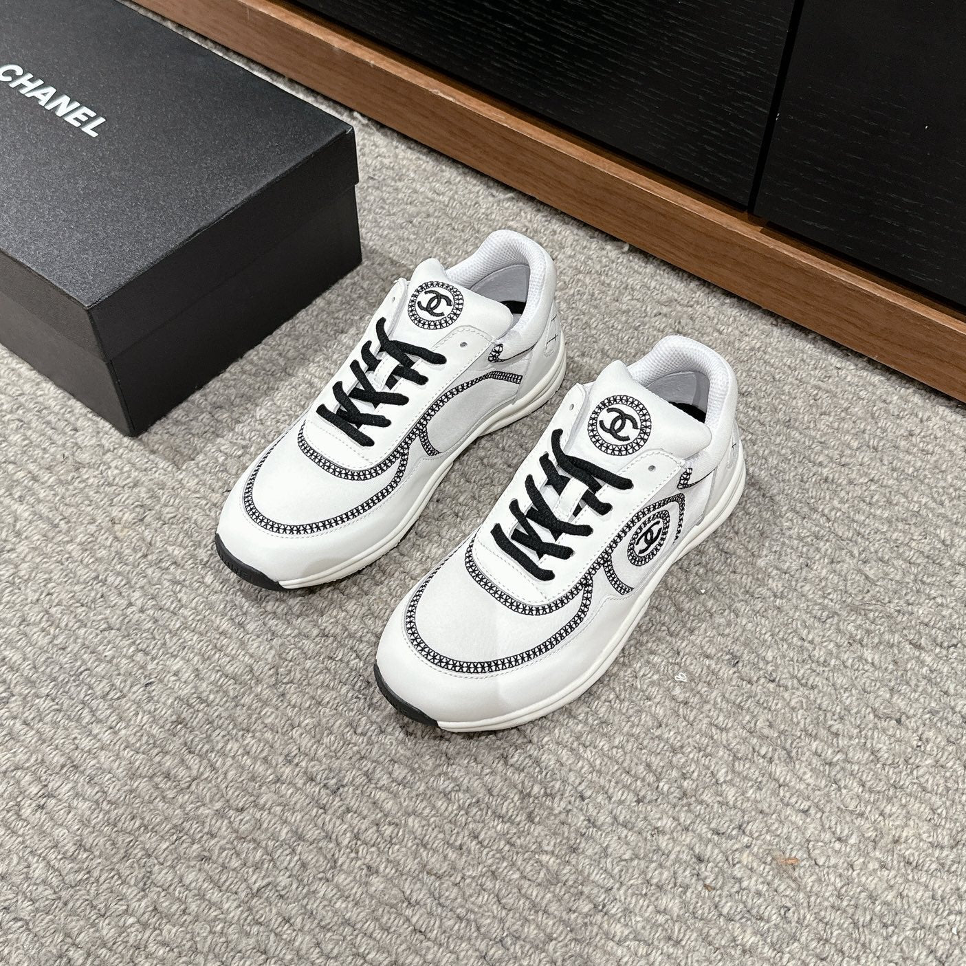 CHANEL CLASSIC TRAINER IN WHITE MIX BLACK FABRIC