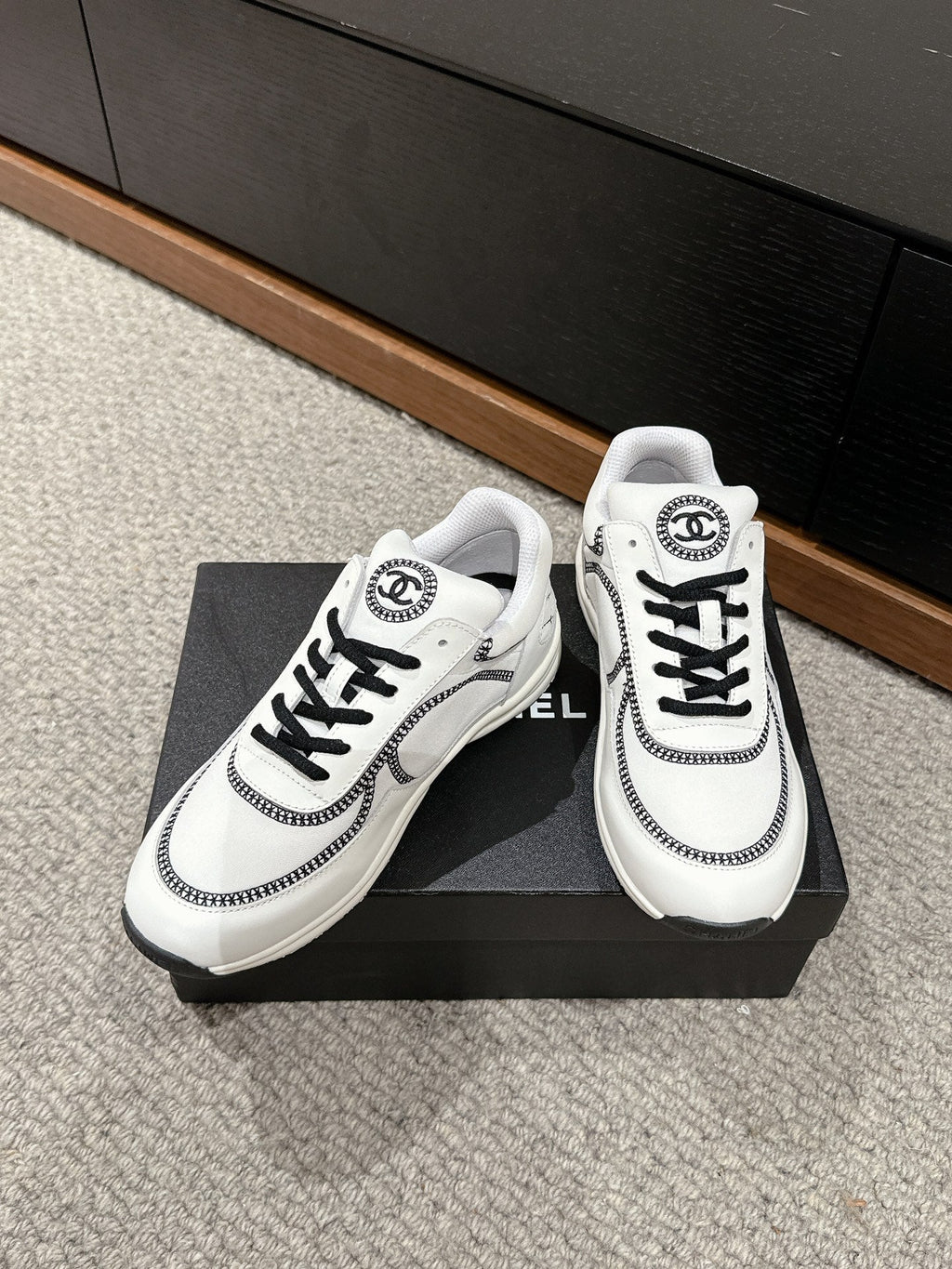 CHANEL CLASSIC TRAINER IN WHITE MIX BLACK FABRIC