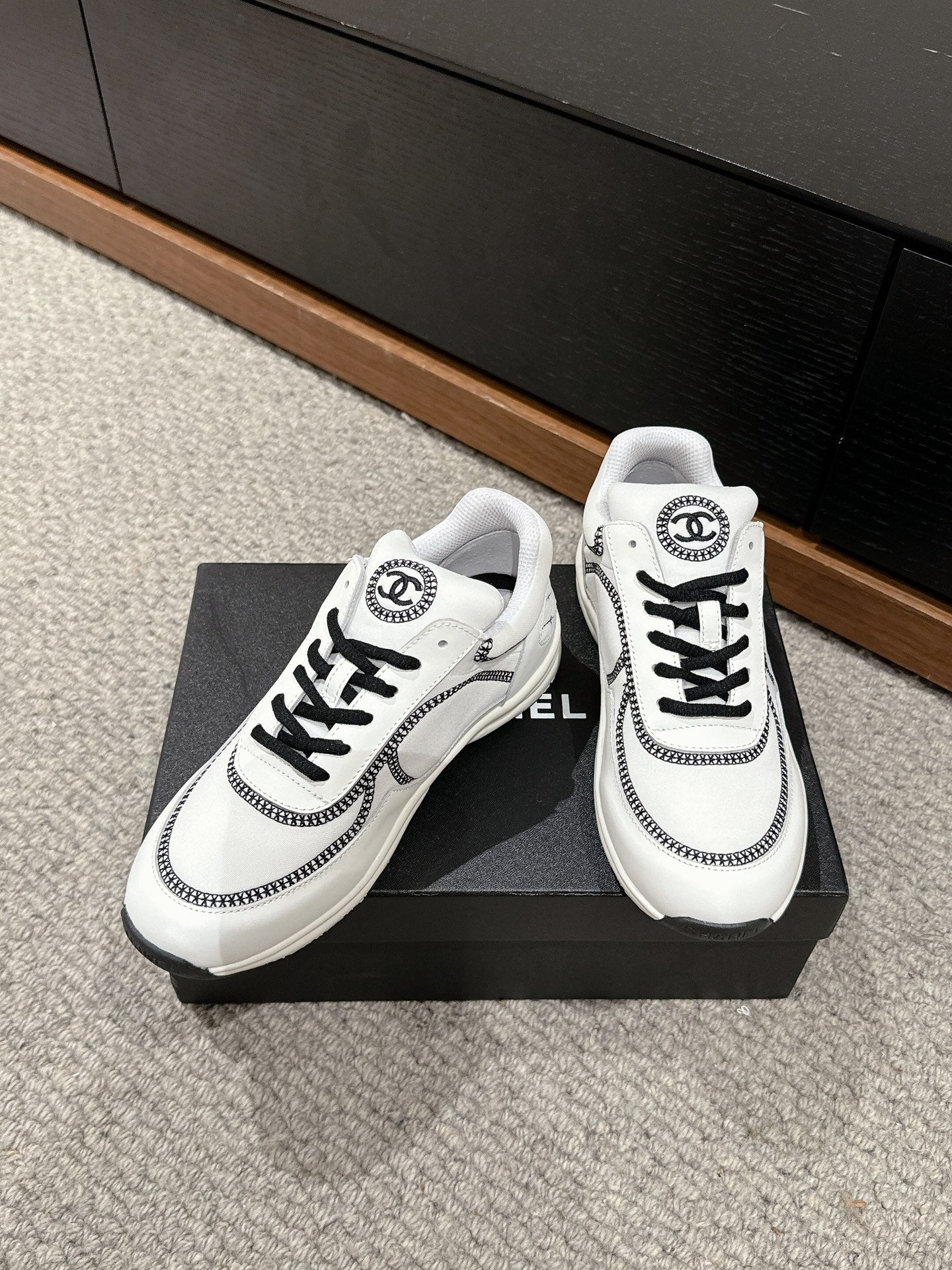 CHANEL CLASSIC TRAINER IN WHITE MIX BLACK FABRIC