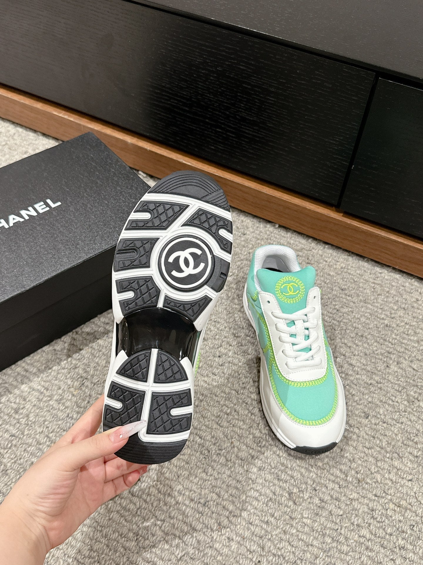 CHANEL CLASSIC TRAINER IN MINT GREEN MIX WHITE FABRIC