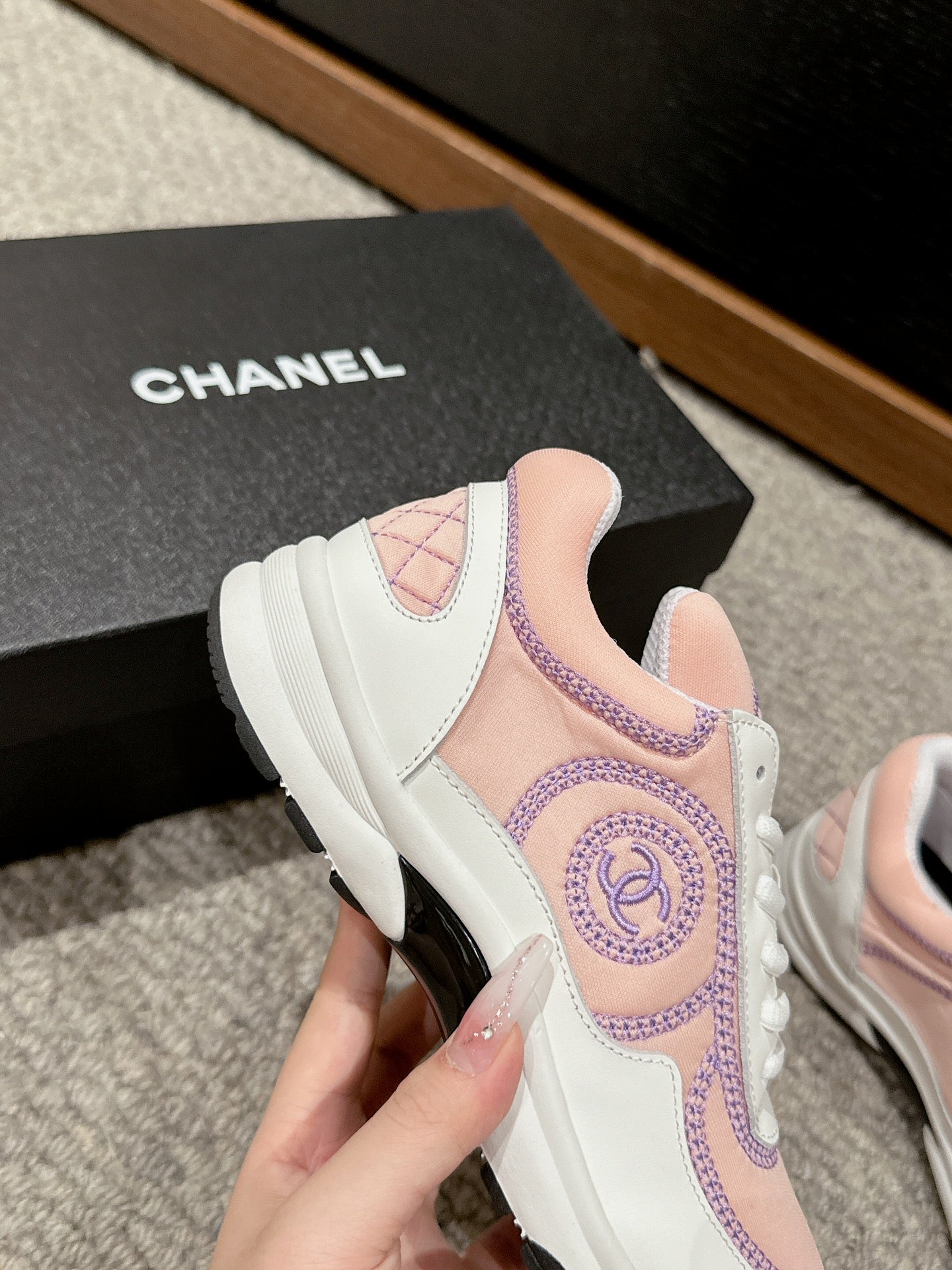 CHANEL CLASSIC TRAINER IN LIGHT PINK MIX WHITE FABRIC