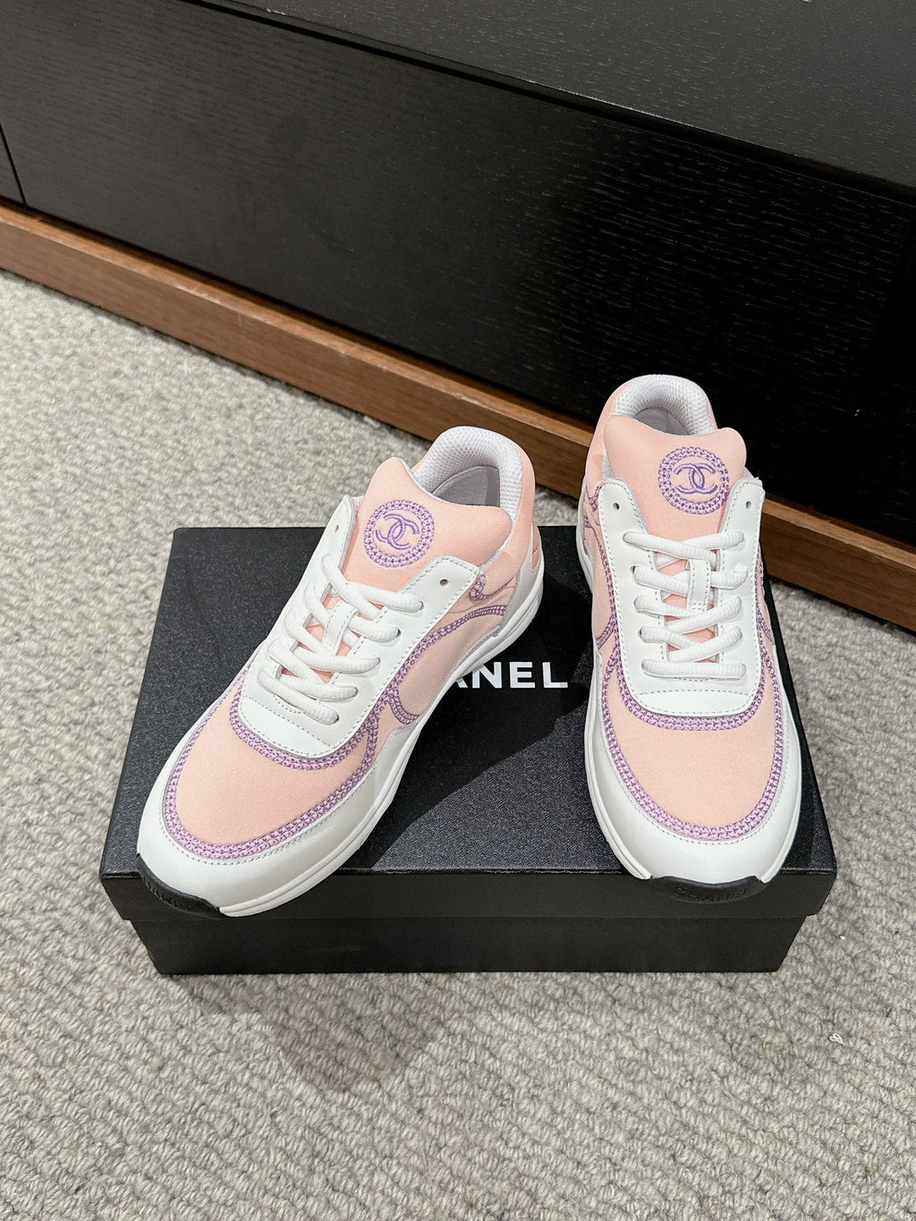 CHANEL CLASSIC TRAINER IN LIGHT PINK MIX WHITE FABRIC