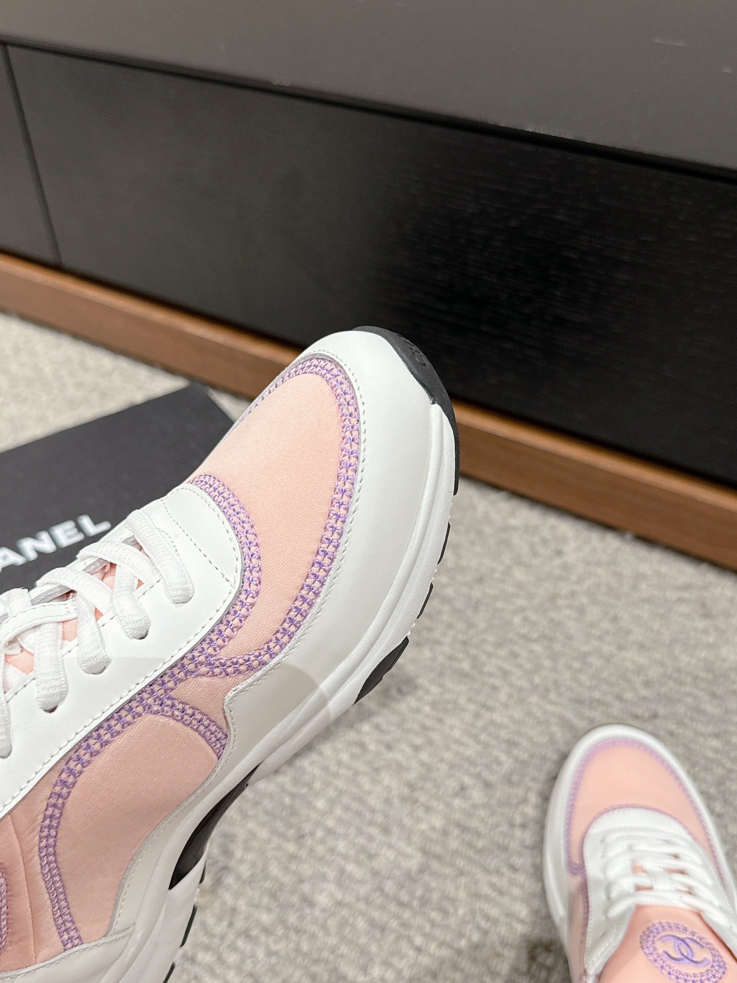 CHANEL CLASSIC TRAINER IN LIGHT PINK MIX WHITE FABRIC