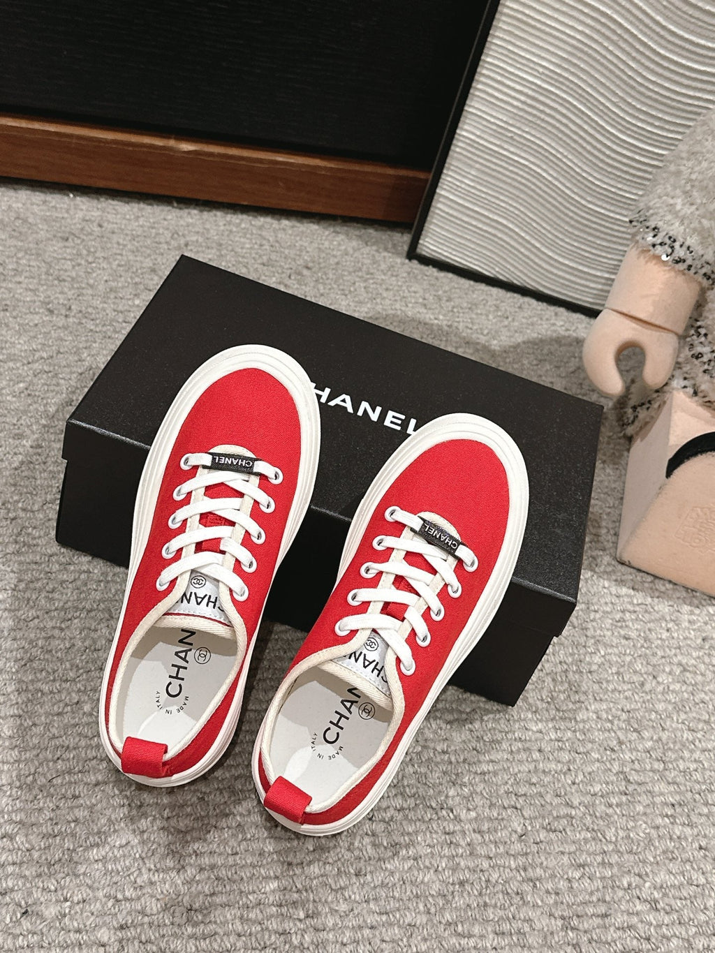 CHANEL LACE-UP SNEAKERS IN CHERRY RED CANVAS