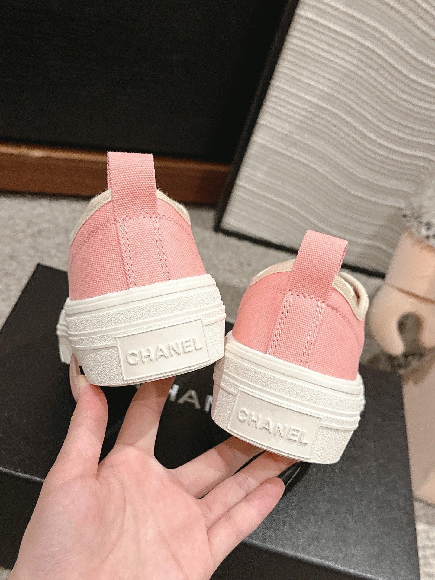CHANEL LACE-UP SNEAKERS IN PASTEL PINK CANVAS