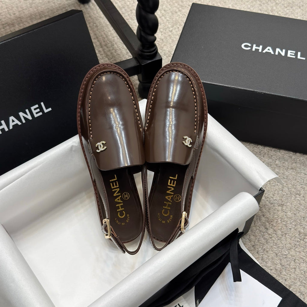 CHANEL 25C Slingback Loafer Chocolate Patent Leather