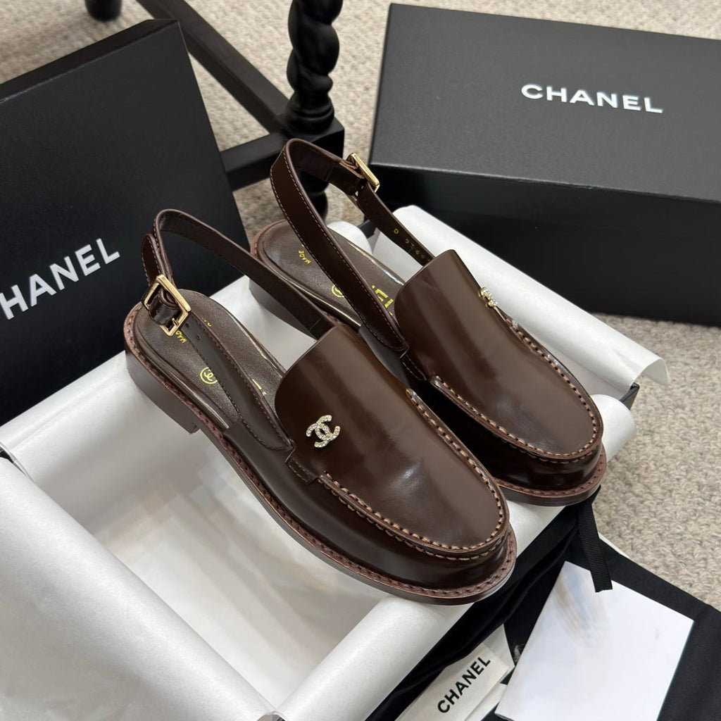 CHANEL 25C Slingback Loafer Chocolate Patent Leather