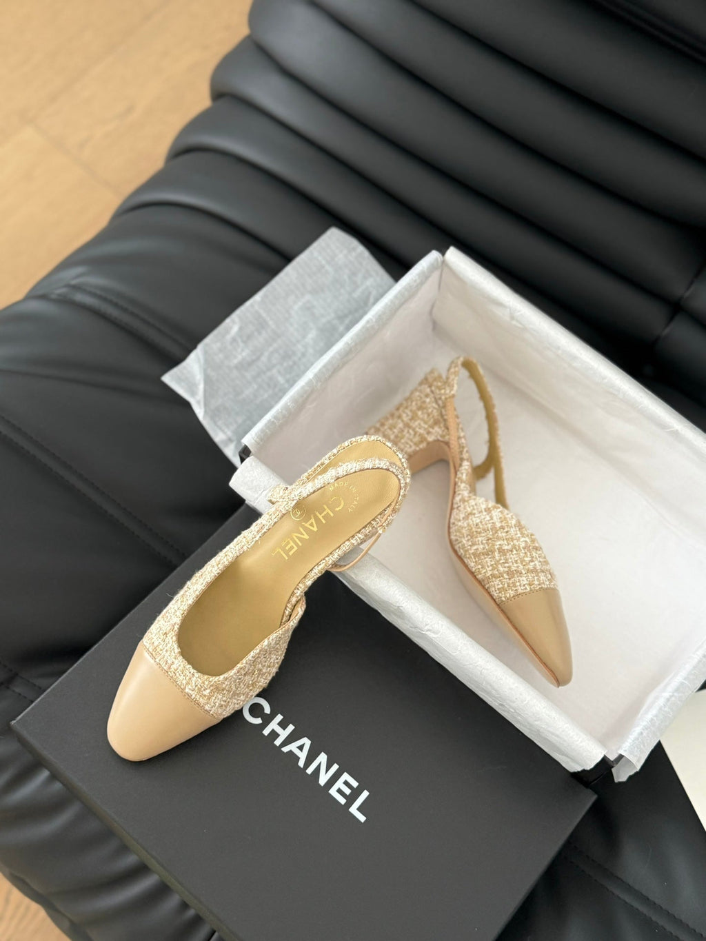 CHANEL CLASSIC HIGH SLINGBACK CORN YELLOW TWEEDS AND CALFSKIN