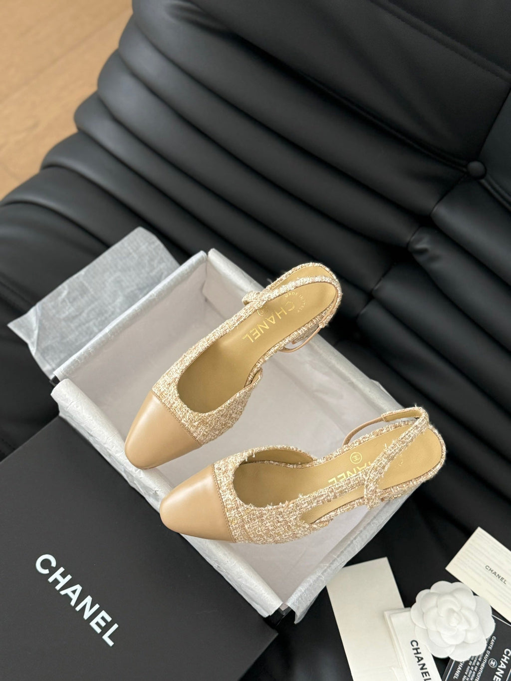 CHANEL CLASSIC HIGH SLINGBACK CORN YELLOW TWEEDS AND CALFSKIN