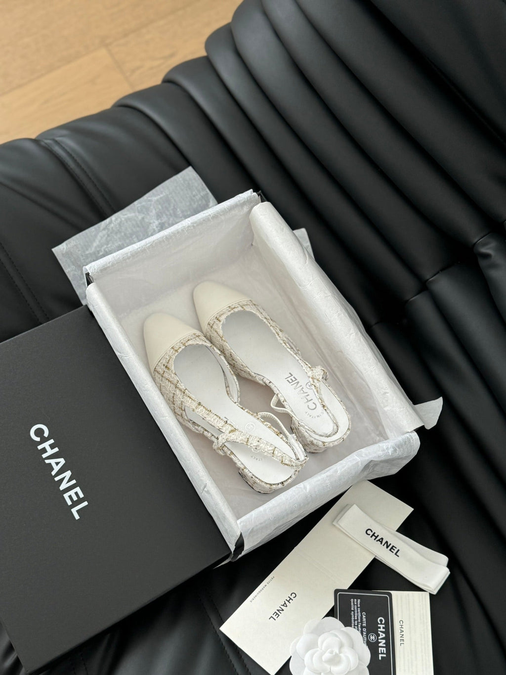CHANEL HIGH SLINGBACK IN WHITE TWEED AND LAMBSKIN