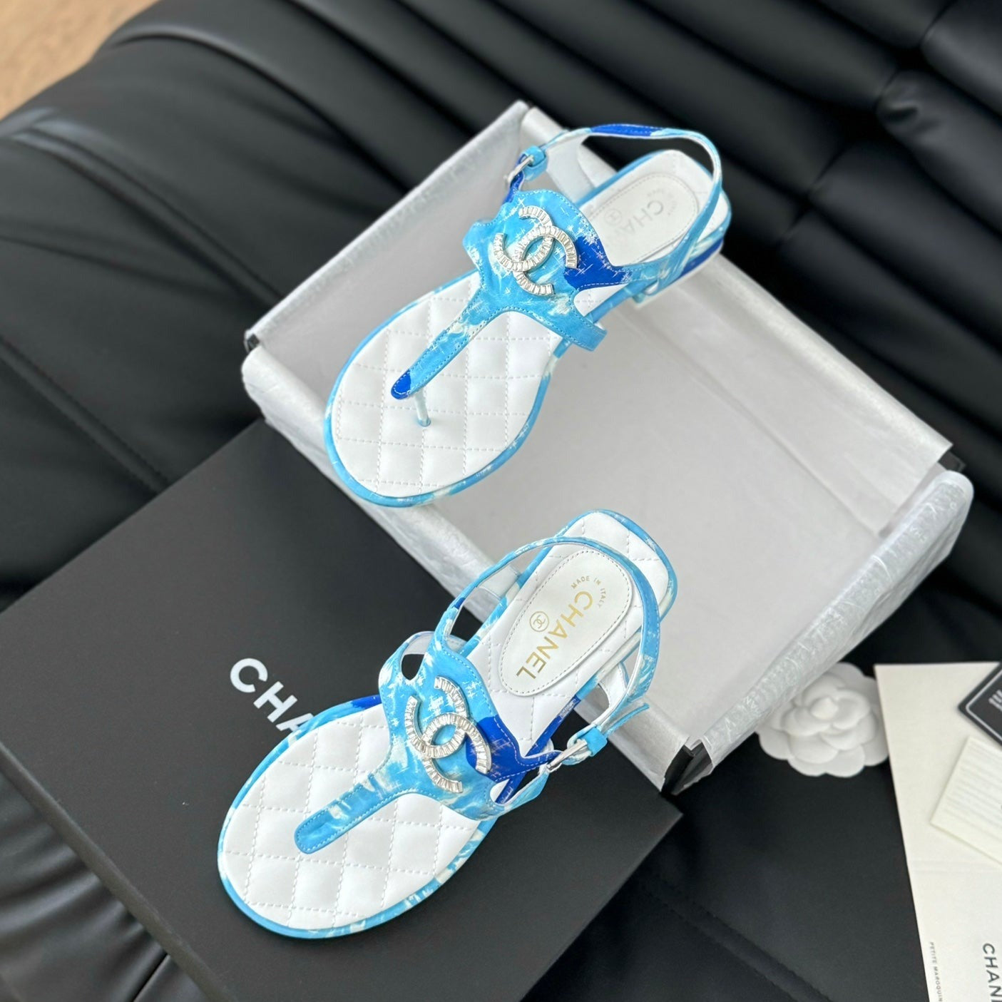 CHANEL Double C Classic One-Strap Sandals White Sky Blue Lambskin