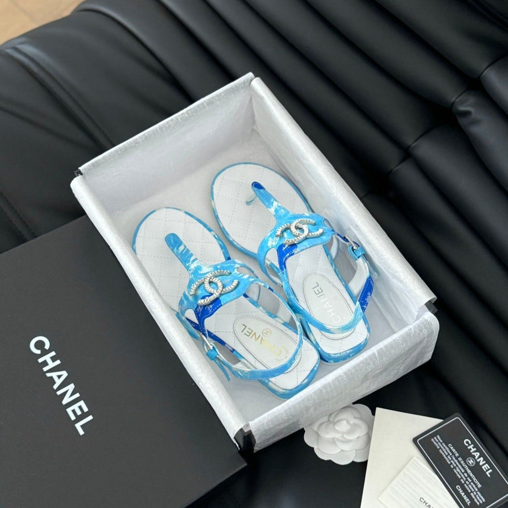 CHANEL Double C Classic One-Strap Sandals White Sky Blue Lambskin