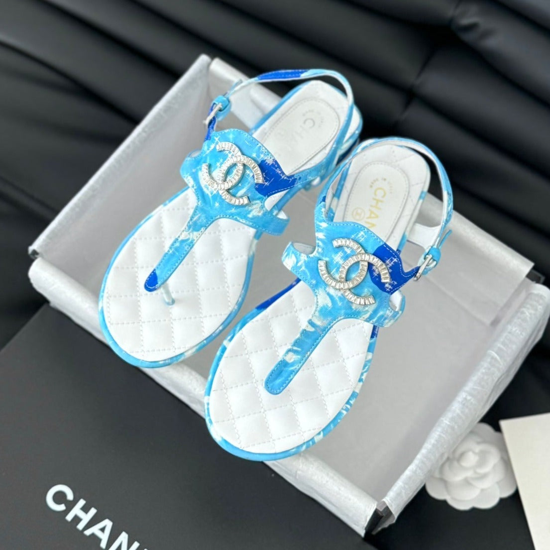CHANEL Double C Classic One-Strap Sandals White Sky Blue Lambskin