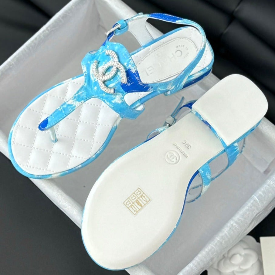CHANEL Double C Classic One-Strap Sandals White Sky Blue Lambskin