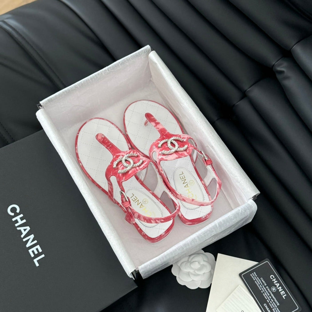 CHANEL Double C Classic One-Strap Sandals White Pink Lambskin