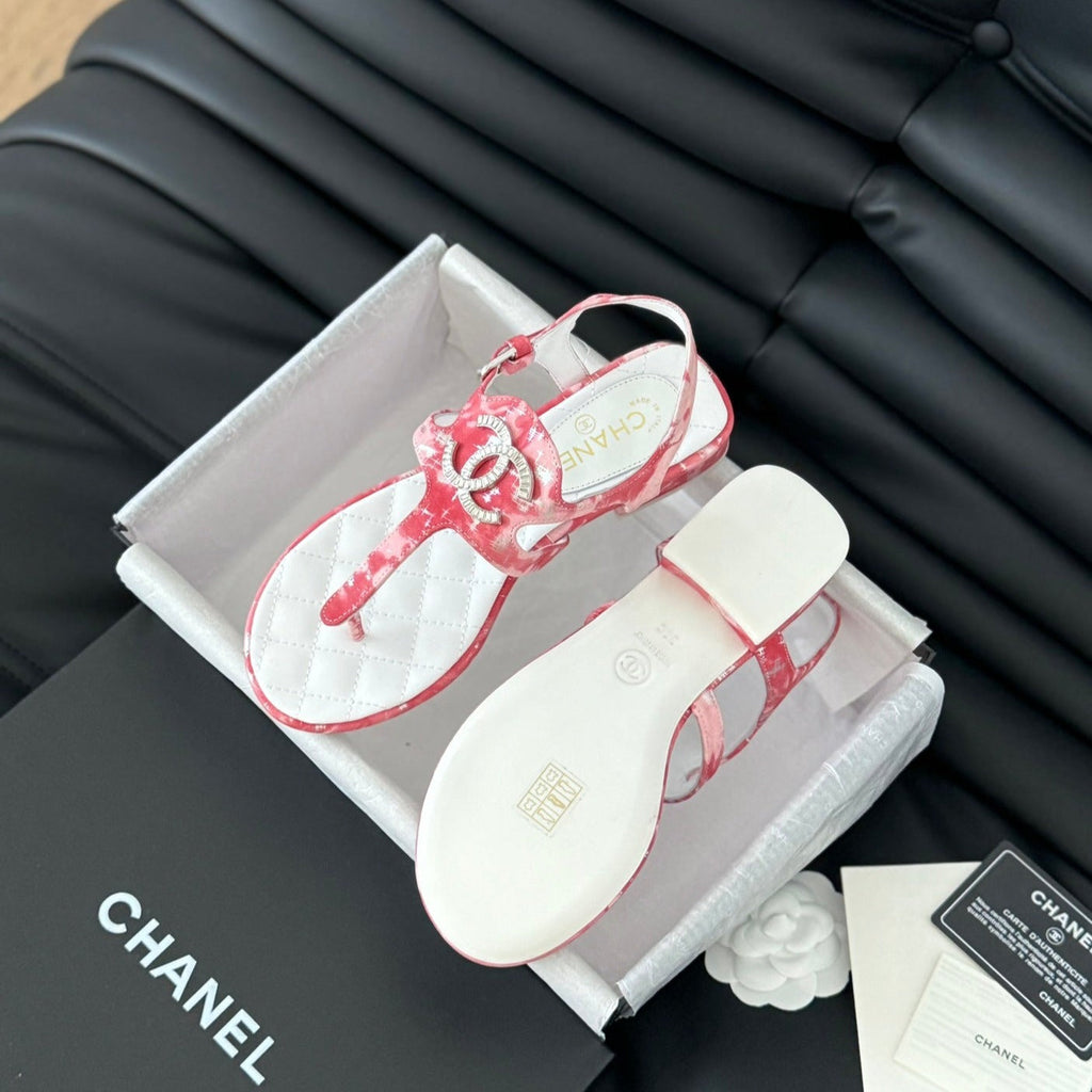 CHANEL Double C Classic One-Strap Sandals White Pink Lambskin
