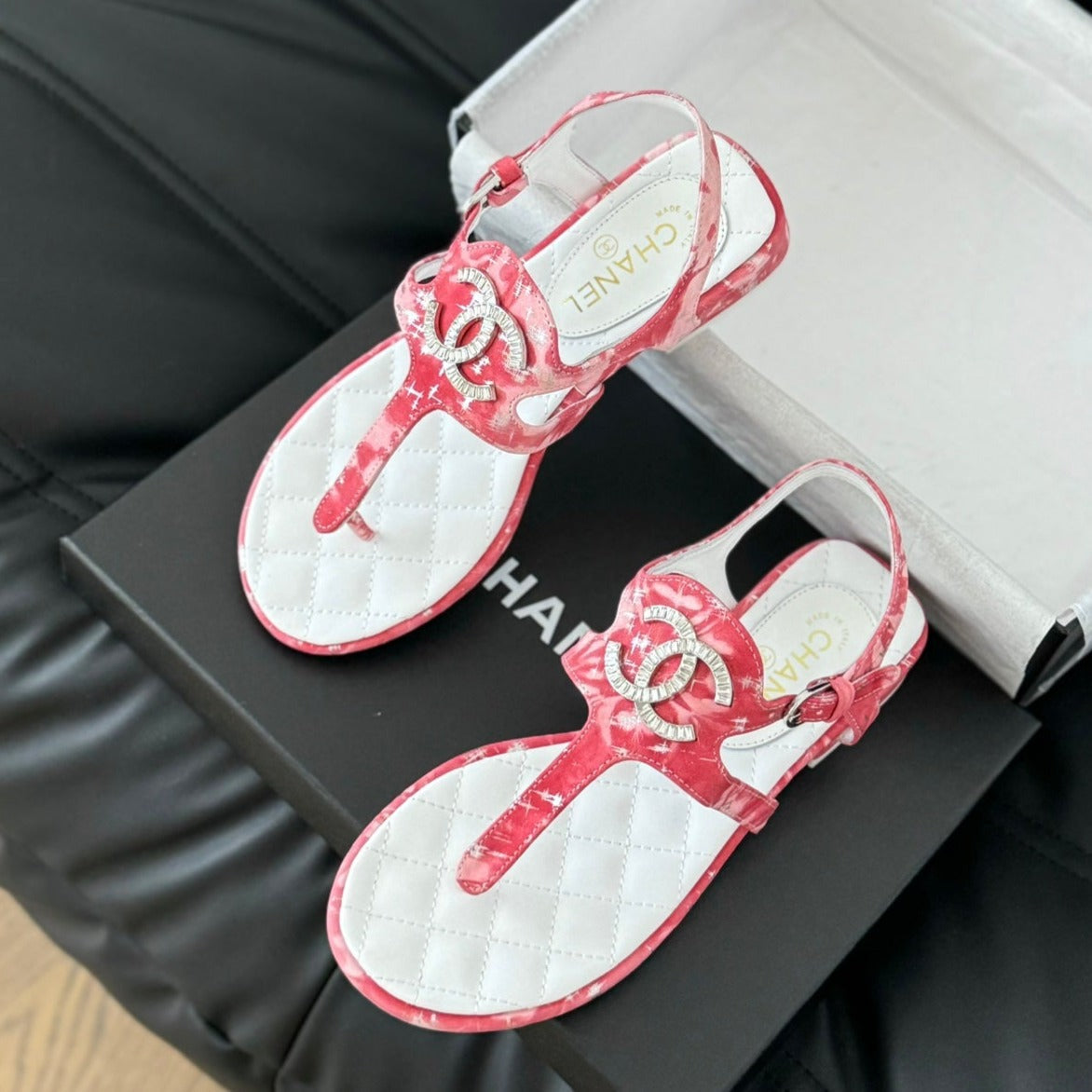 CHANEL Double C Classic One-Strap Sandals White Pink Lambskin